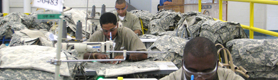 Photo of prisoners at sewing macchines manufacturing textiles